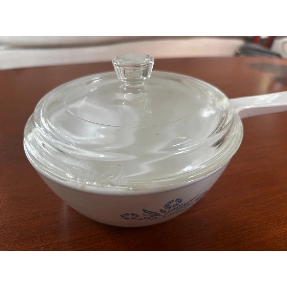 Corning Ware Saucepan P-81-B 1 Pt White Blue Cornflower Floral with chipped Lid